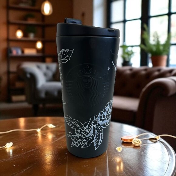 STARBUCKS 2014 Matte Black Grapevine Mermaid Stainless Steel Tumbler - Picture 1 of 6